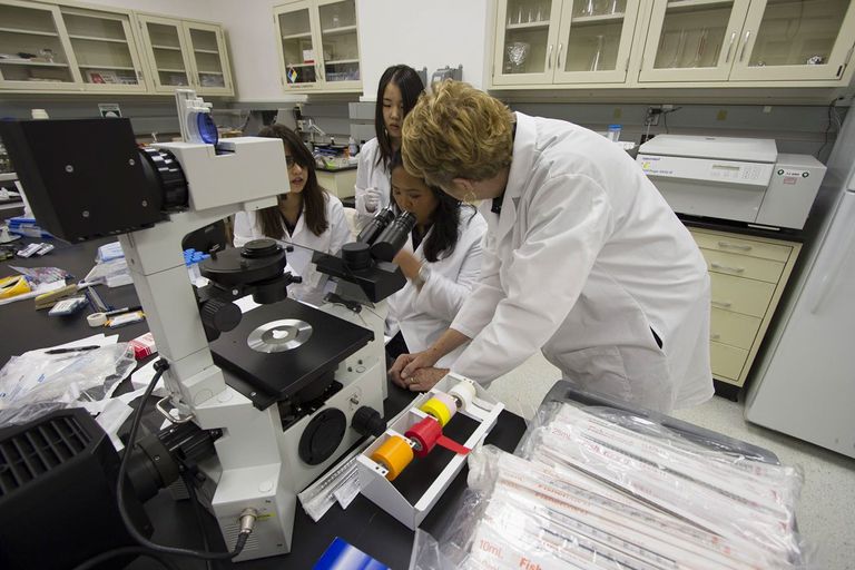 A group of 3 scientists in white lab coats watch a 4th scientist peer into a microscope.