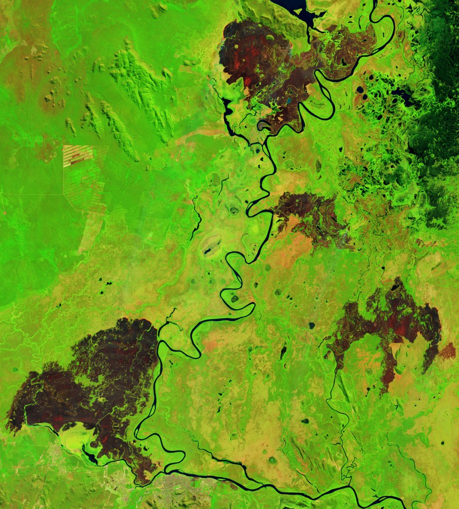 A map shows where fire spread over Brazil's Pantanal with dark brown spots over green area.