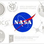 A NASA logo sits in the center of the graphic surrounded by partner logos including the National Telecommunications and Information Administration, the Space Generation Advisory Council, the International Telecommunication Union, the Interagency Operations Advisory Group, the Space-Based Positioning Navigation and Timing National Executive Committee, the Space Frequency Coordination Group, and the International Committee on Global Navigation Satellite Systems.