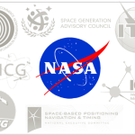 A NASA logo sits in the center of the graphic surrounded by partner logos including the National Telecommunications and Information Administration, the Space Generation Advisory Council, the International Telecommunication Union, the Interagency Operations Advisory Group, the Space-Based Positioning Navigation and Timing National Executive Committee, the Space Frequency Coordination Group, and the International Committee on Global Navigation Satellite Systems.