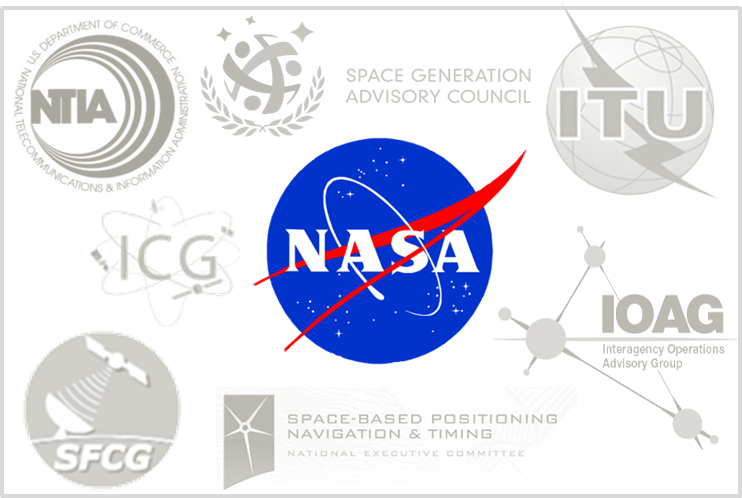 A NASA logo sits in the center of the graphic surrounded by partner logos including the National Telecommunications and Information Administration, the Space Generation Advisory Council, the International Telecommunication Union, the Interagency Operations Advisory Group, the Space-Based Positioning Navigation and Timing National Executive Committee, the Space Frequency Coordination Group, and the International Committee on Global Navigation Satellite Systems.