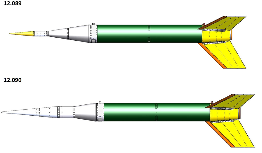 Illustrations of two payload sections of a rocket. The sections of yellow fines, then a large green tube section, and a pointed grey section at the top.