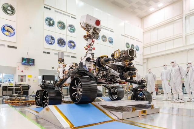 n a clean room at NASA's Jet Propulsion Laboratory in Pasadena, California, engineers observed the first driving test for NASA's Mars 2020 rover on Dec. 17, 2019. Credits: NASA