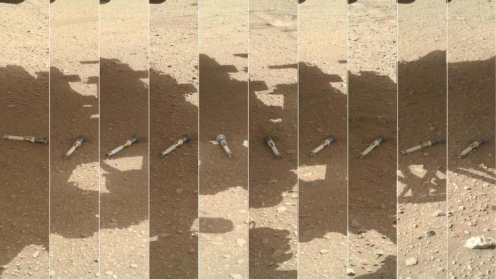 10 close up images next to each other of sample tubes on a sandy surface after being placed by a rover 