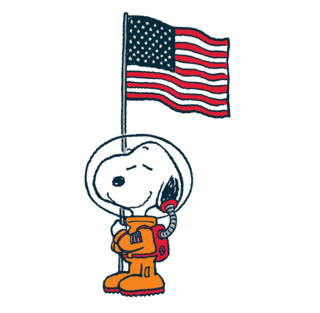 Snoopy character in an orange flight suit holding an american flag