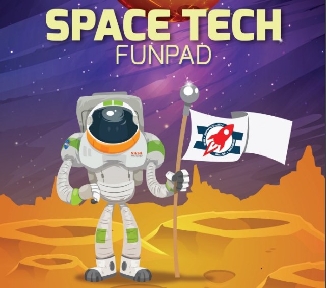 Space Tech Fun Pad animated character standing next to a flag on a planet surface