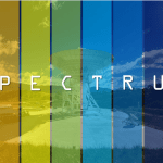 A rainbow and the word "SPECTRUM" overlays an image of a Deep Space Network antenna.