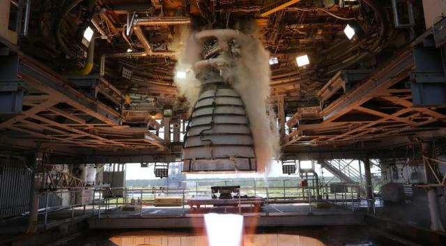 An Aerojet Rocketdyne AR-22 engine is test fired on the Fred Haise Test Stand at NASA Stennis as part of a historic test series (10 tests in 10 days) conducted by a combined test team of NASA, Defense Advanced Research Projects Agency, Aerojet Rockedyne, Boeing and Syncom Space Services engineers and operators.