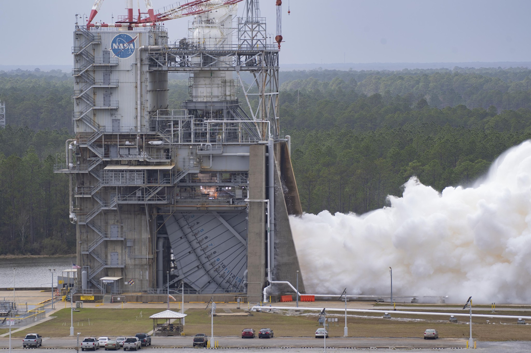 NASA conducts an RS-25 hot fire on the Fred Haise Test Stand at Stennis Space Center in south Mississippi on Feb. 8, 2023