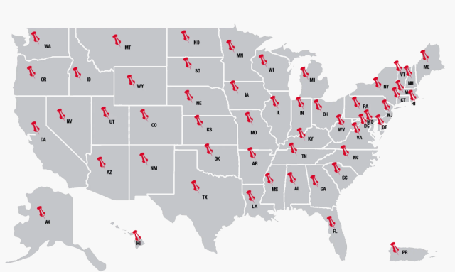 A map of the united states with a pin in each state