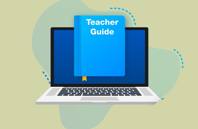 The Teacher Guide for the FBM Simulator graphic showing a vector computer with a book in front of it titled Teacher Guide.