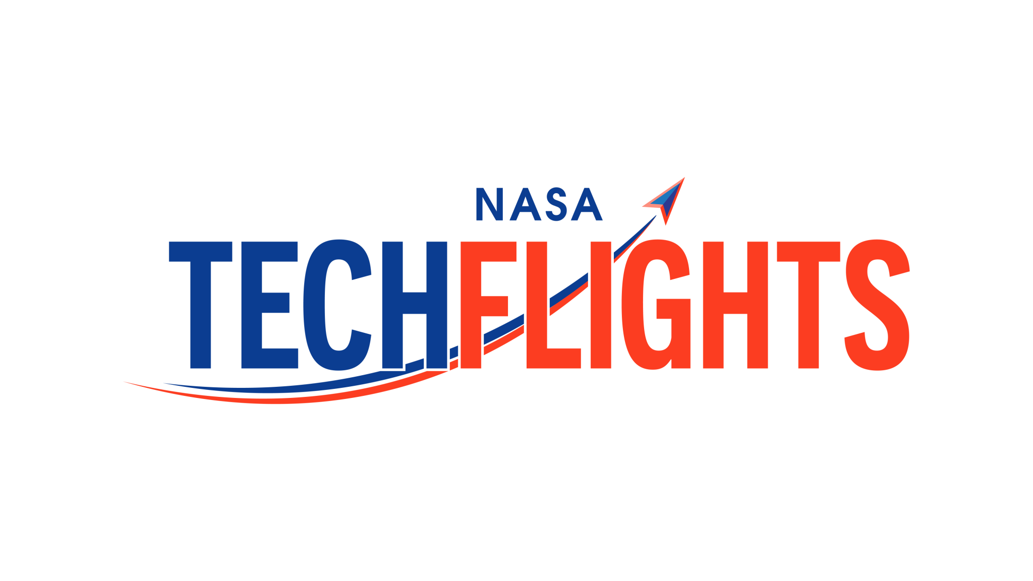 NASA above Tech (in blue) Flights (in red) with a triangular icon of a flight vehicle swooping upward behind the words, leaving a blue and red trail