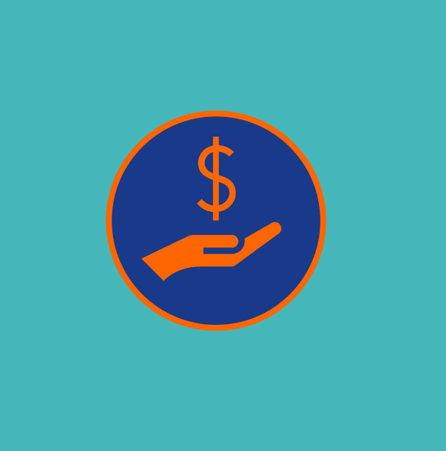 an orange hand with a dollar sign just above the palm in a blue circle on a turquoise back ground