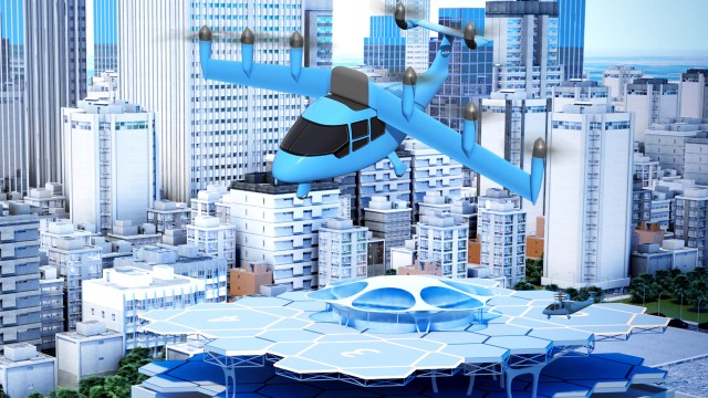 3D artist rendering of unmanned aircraft in a city leaving a vertiport.