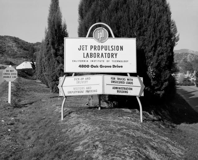 Black and white photo of the welcome to JPL sign from 1957. 