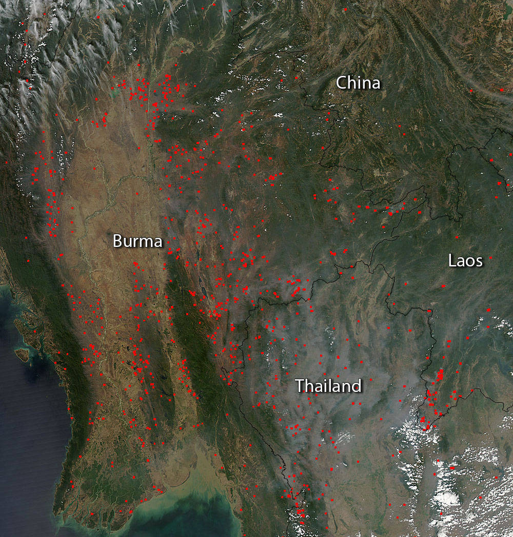In different parts of Indochina, fires were spotted by MODIS.