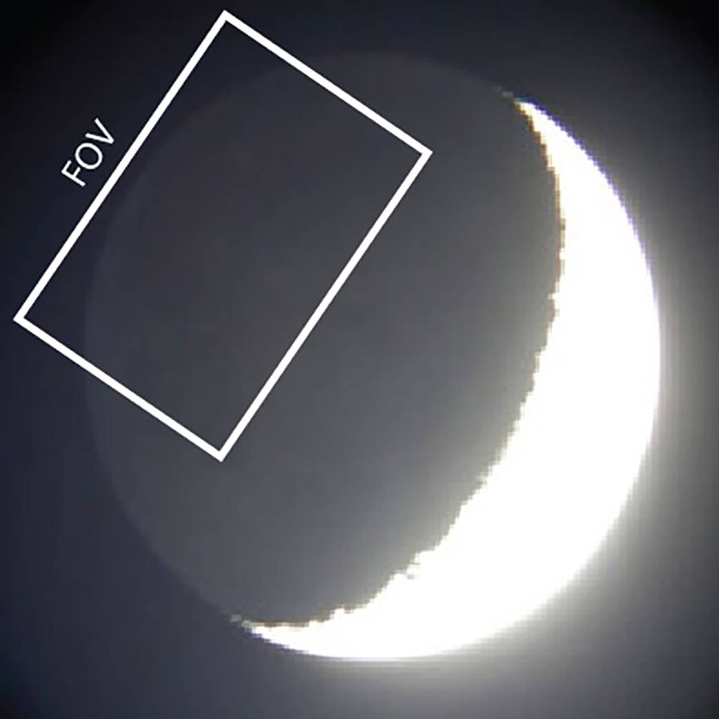 This drawing superimposed on an image of the moon illustrates the field of view of a telescope used to observe impact flashes. 
