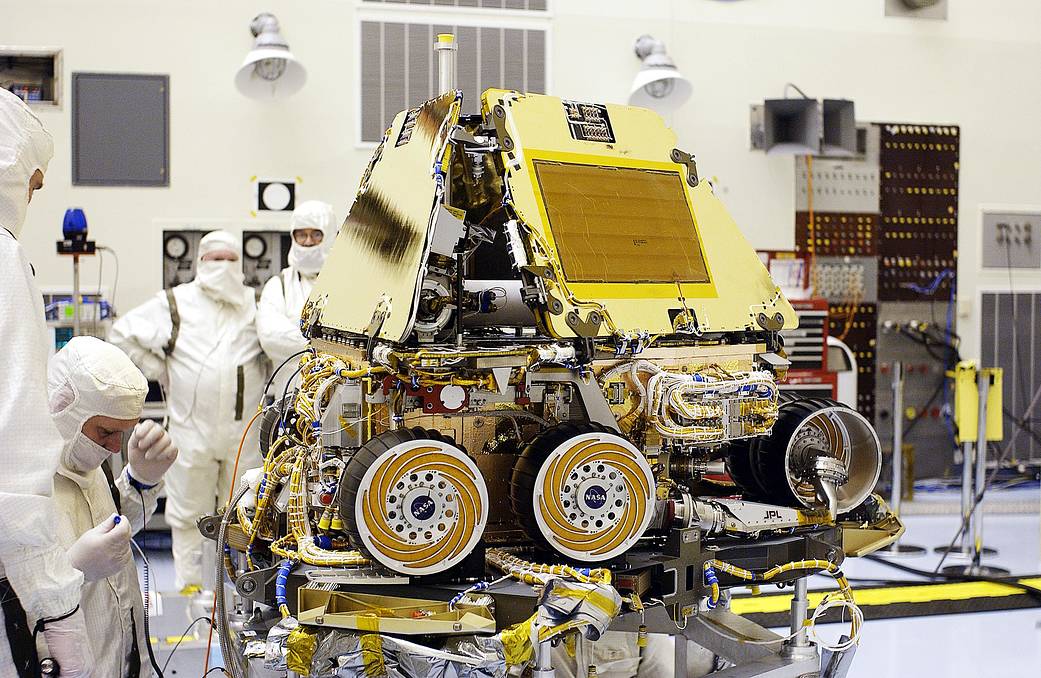 Mars Exploration Rover-2 (MER-2) rests in the proper position on the base petal of its lander assembly