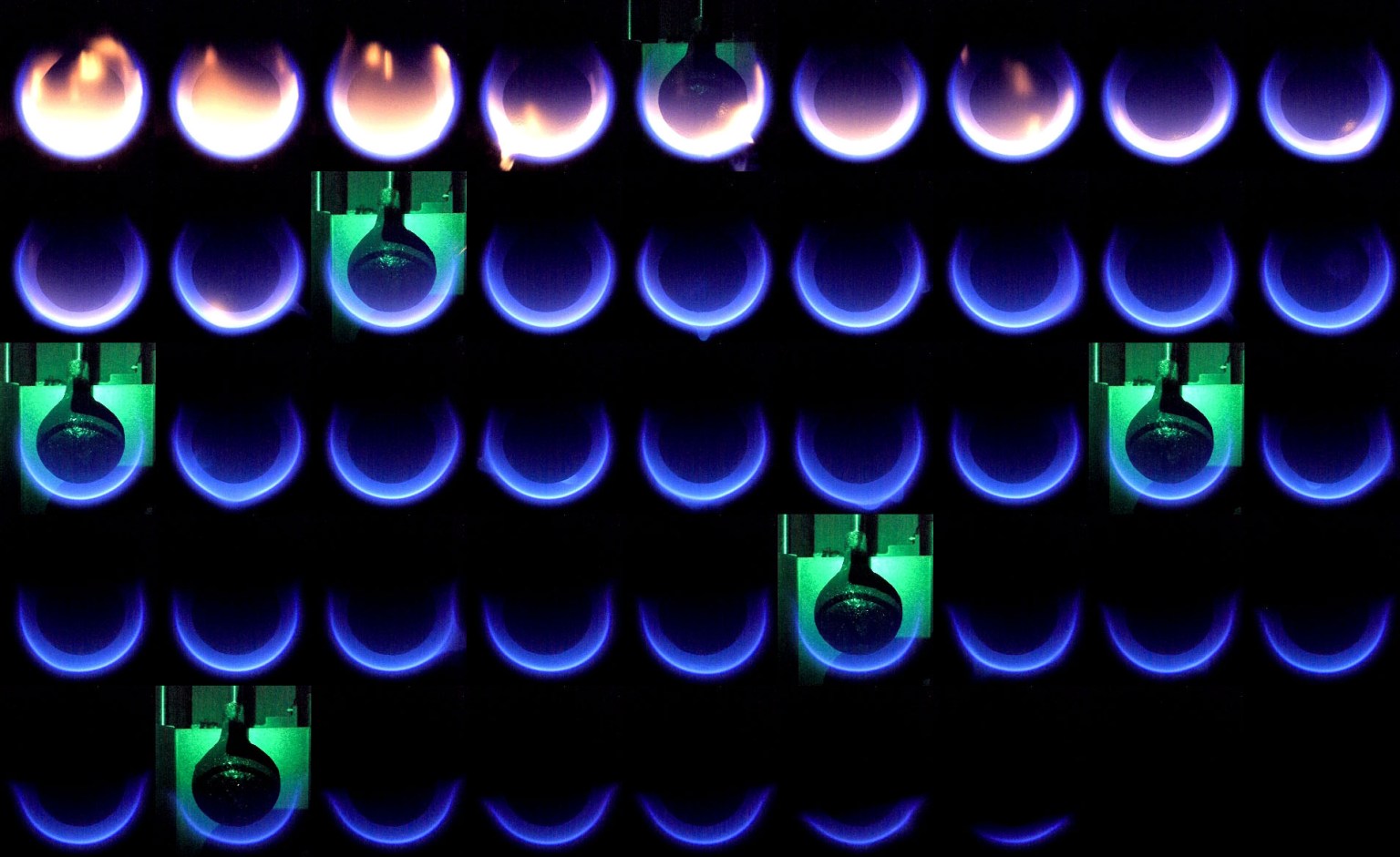 The Solid Fuel Ignition and Extinction (SoFIE) Growth and Extinction Limits (GEL) experiment aboard the International Space Station (ISS) studies flame growth and extinction in an effort to improve fire safety in space. This image shows a sequence of snapshots taken about 3 seconds apart. During this test point, the ambient oxygen concentration starts relatively high (28%). Initially, the flame is seen as yellow and sooty. As the ambient pressure is reduced, the flame becomes bluer and continues to shrink until fully extinguished. This gives researchers pressure limit data points for flame extinction that could help improve crew and spacecraft safety for future exploration missions.