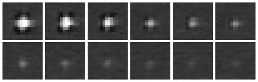 Individual video frames of the May 2, 2006 lunar impact flash as observed from the Automated Lunar and Meteor Observatory.