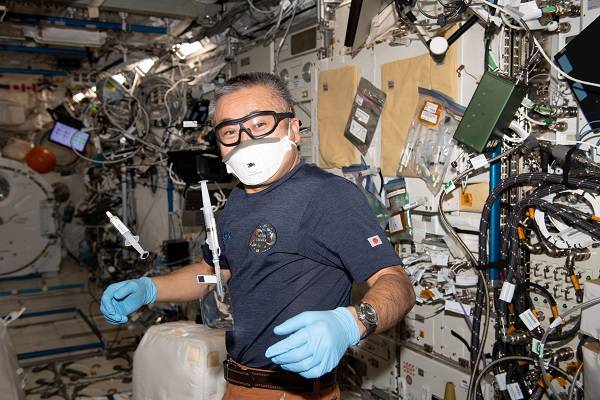 image of an astronaut wearing a face mask and blue gloves in preparation for working with an experiment