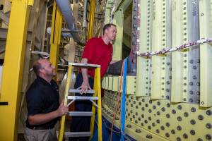 NASA Administrator Jim Bridenstine views the test version of the SLS intertank