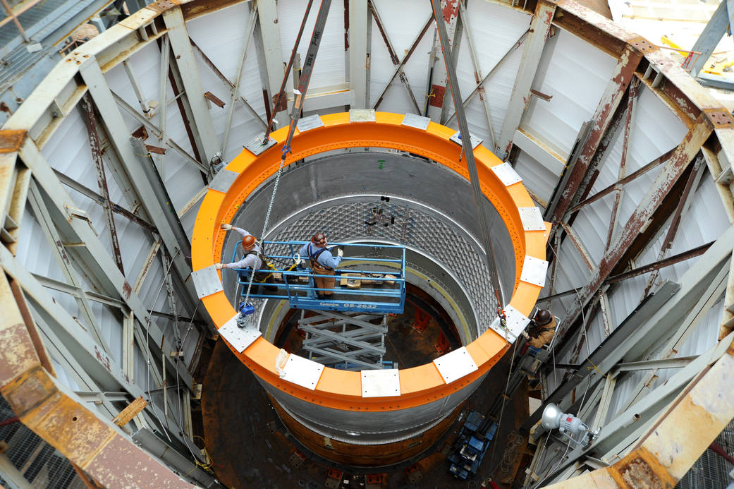 Crews at NASA's Marshall Space Flight Center prepare the test article adapter for testing. 