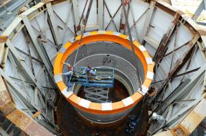 Crews at NASA's Marshall Space Flight Center prepare the test article adapter for testing.