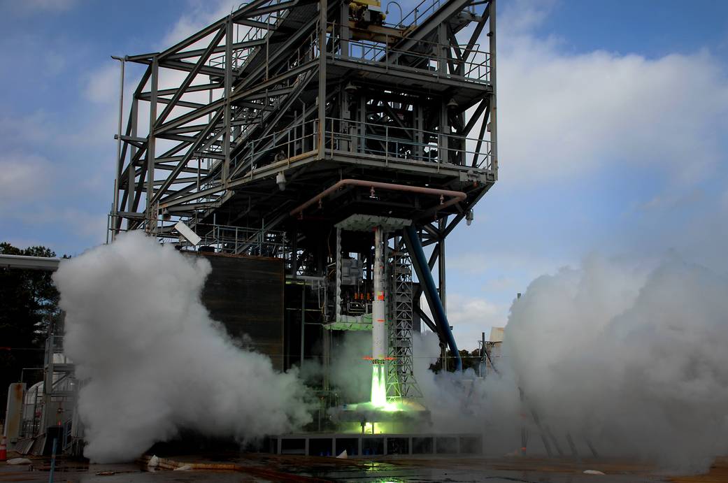 A  scale model of the SLS is ignited for five seconds to measure the effects acoustic noise and pressure have on the vehicle.