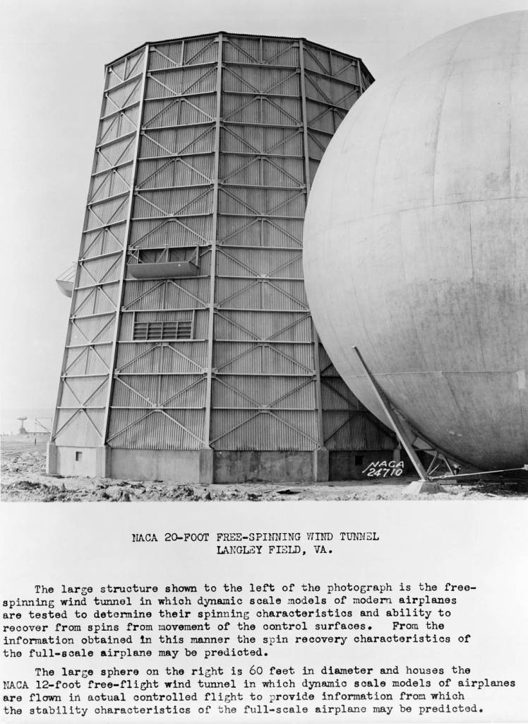 Photo showing the NACA 20-Foot free-spinning wind tunnel as well as the NACA 12-foot free-flight wind tunnel.