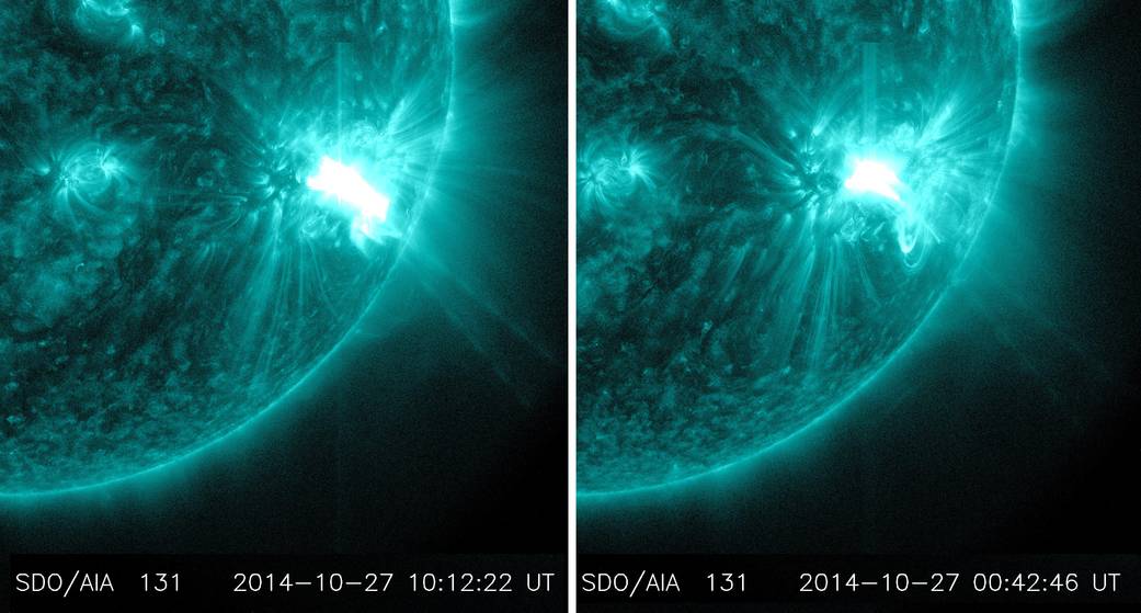 Huge sunspot release M7.1 (left) and M6.7 (right) class solar flares