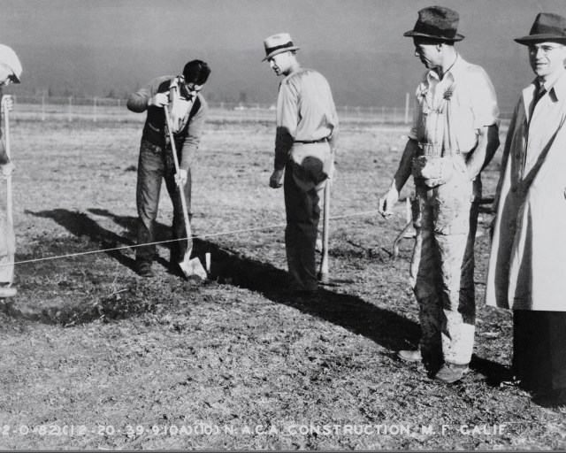 AMES AERONAUTICAL LABORATORY (AAL) GROUND BREAKING: RUSSELL ROBINSON (RIGHT) SUPERVISING THE FIRST EXCAVATION.