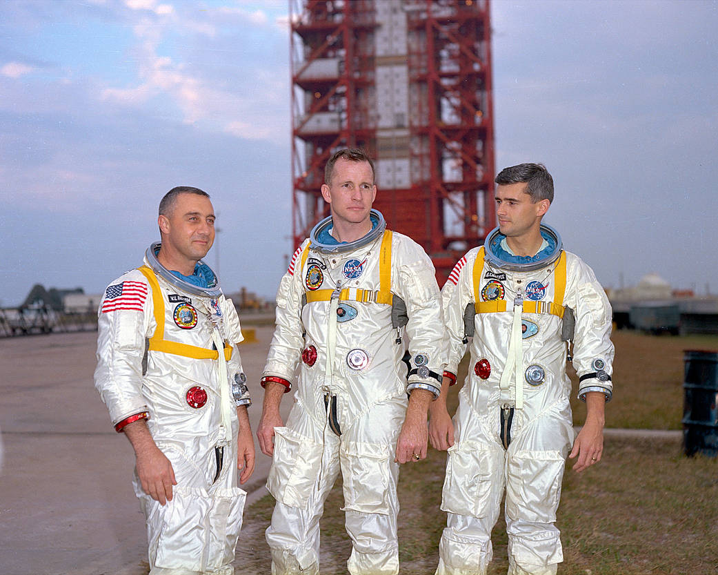 Gus Grissom, Ed White and Roger Chaffee during training in Florida on March 21, 1966.