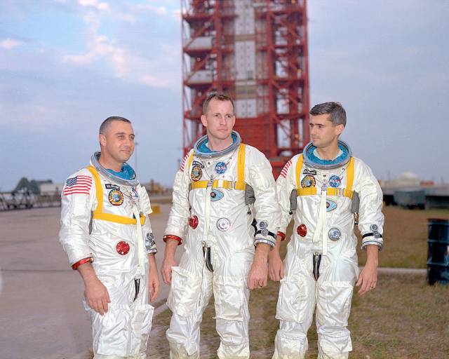 Gus Grissom, Ed White and Roger Chaffee during training in Florida on March 21, 1966.