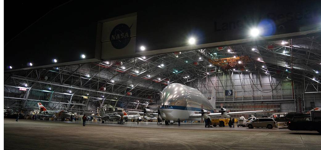 The Super Guppy is spending a restful night in the NASA Langley hangar.