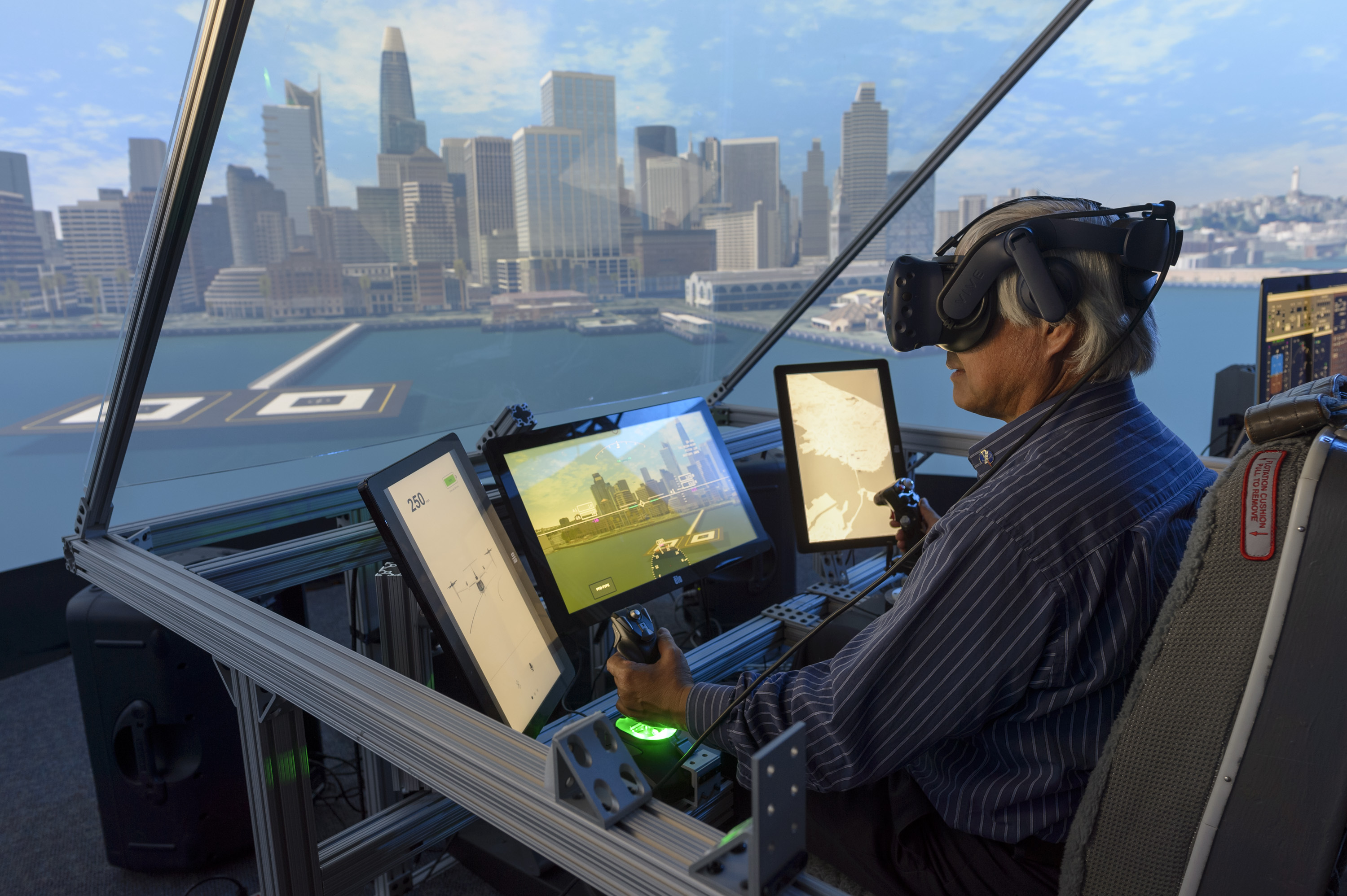 Aerospace Cognitive Engineering Lab Rapid Automation Test Environment; (ACEL-RATE) in N262 showing out-the-window views of San Francisco for UAM UTM Ride Quality Simulation project.