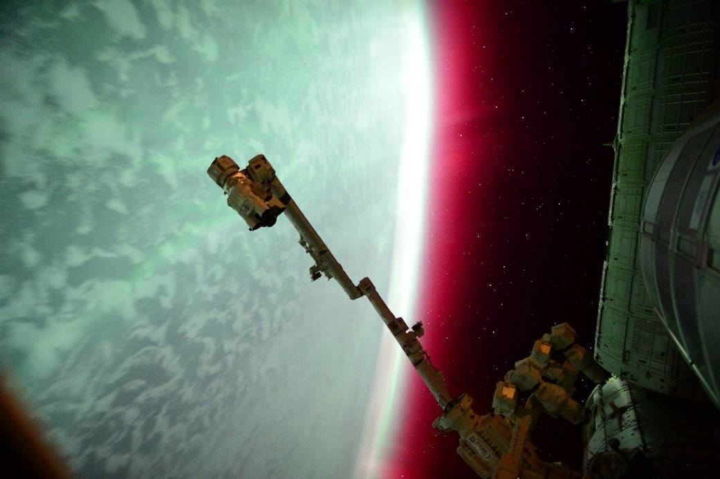 Aurora in green and red from International Space Station
