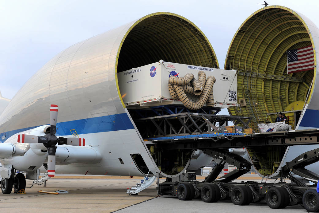NASA's Super Guppy transport plane transports the Orion heat shield from Manchester, NH to the Kennedy Space Center in FL.