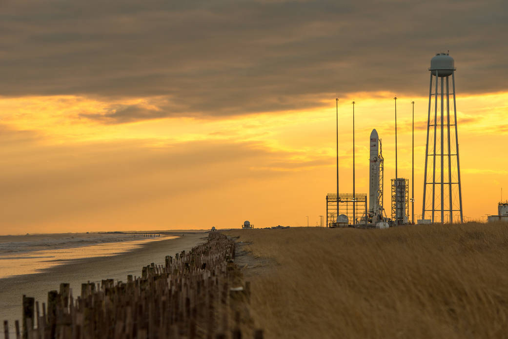 An Orbital Sciences Corporation Antares rocket is seen on launch Pad-0A at NASA's Wallops Flight Facility, Monday, Jan.6, 2014 i