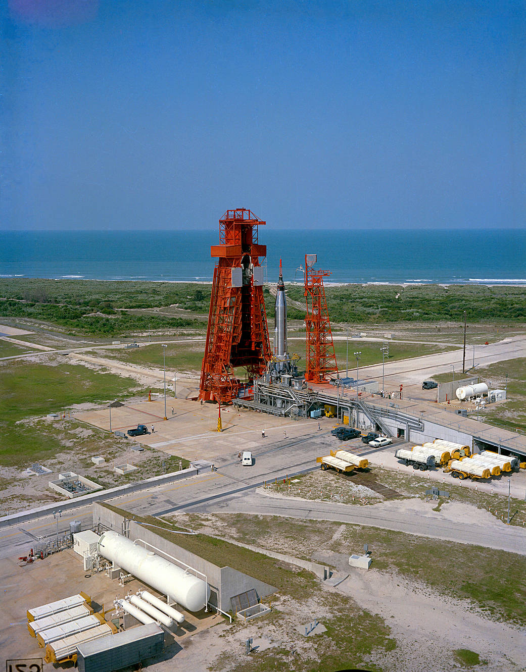 Aerial view of launchpad with Mercury-Atlas 9 rocket