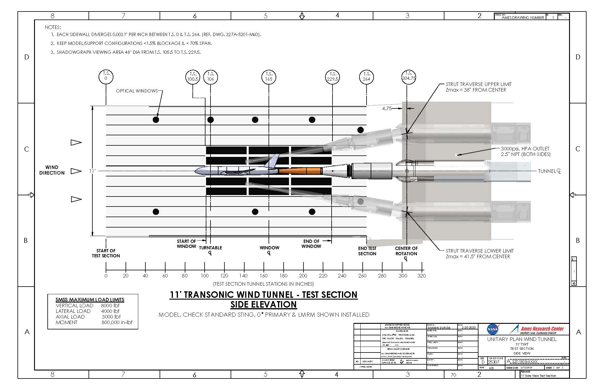 11-ft Wind Tunnel Test Section Side Elevation View Dimensions Drawing