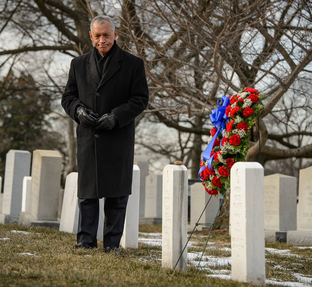 NASA Administrator Charles Bolden participates in a wreath laying ceremony as part of NASA's Day of Remembrance, Friday, Jan. 31