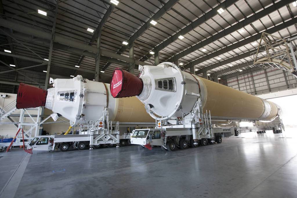 Boosters for Orion Spacecraft’s First Flight Test Arrive at Port Canaveral, Florida