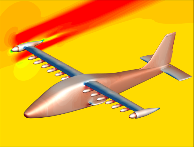 Image from supercomputing simulation of NASA's X-57 electric aircraft in flight.