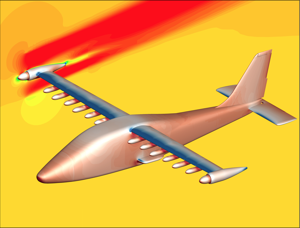 Image from supercomputing simulation of NASA's X-57 electric aircraft in flight