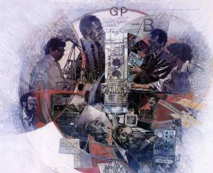 Artwork by Barron Storey of Gravity Probe B: Team Members