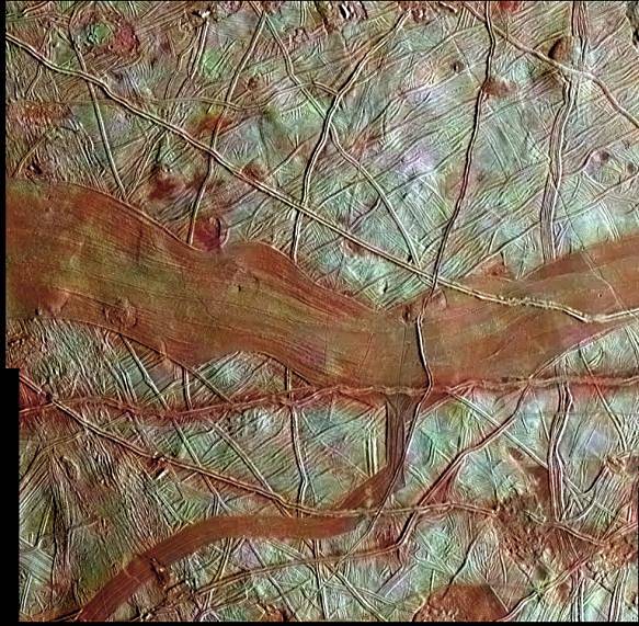 This colorized image of Jupiter's moon Europa is a product of clear-filter grayscale data from one orbit of NASA's Galileo space