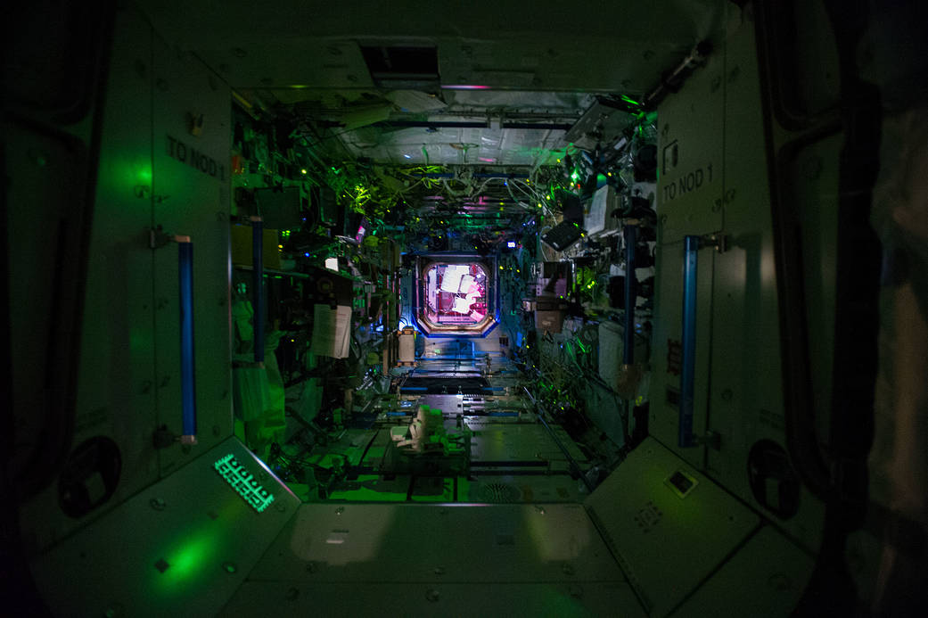 This view in the International Space Station, photographed by an Expedition 40 crew member, shows how it looks inside the space 