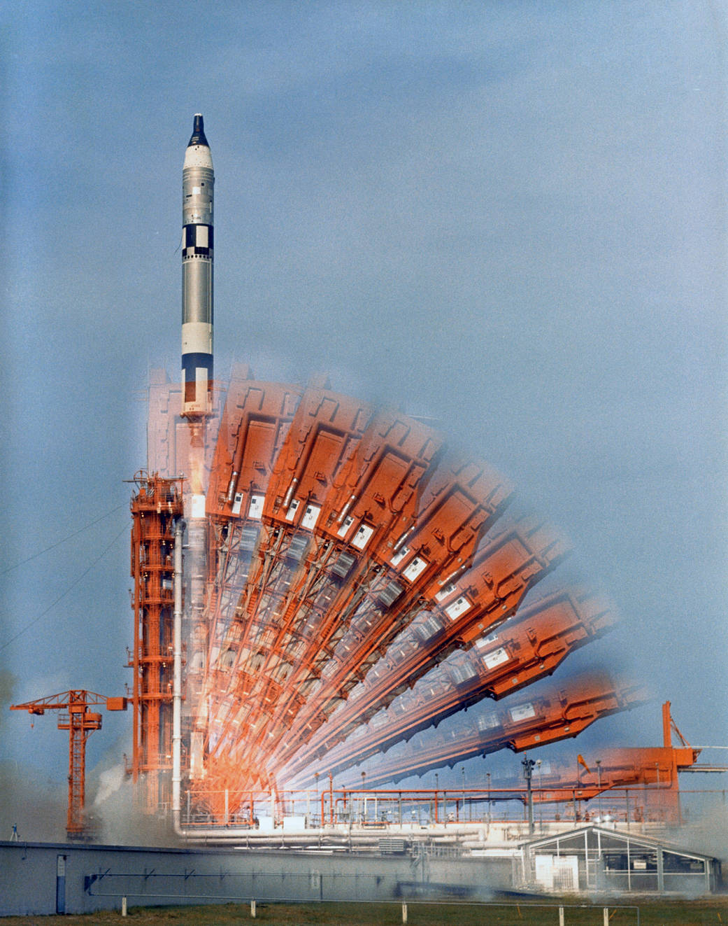 Multiple exposure showing the Gemini 10 spacecraft lifting off.