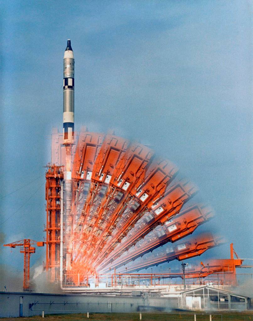 Multiple exposure showing the Gemini 10 spacecraft lifting off.